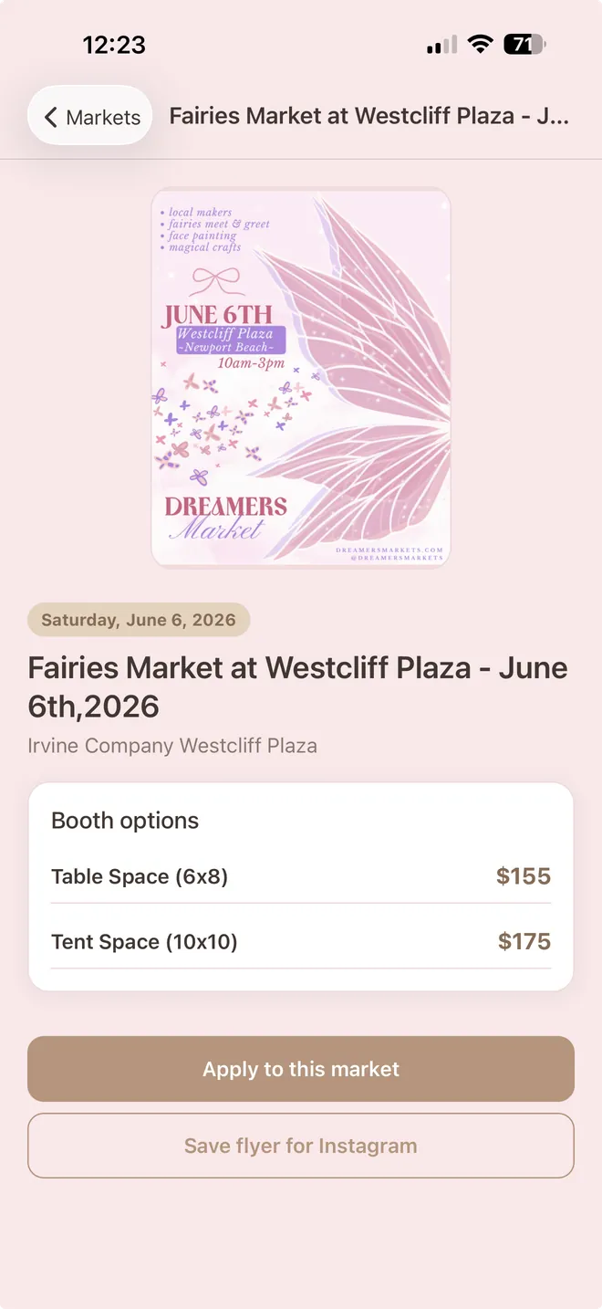 Event detail with booth pricing in the Dreamers Markets app