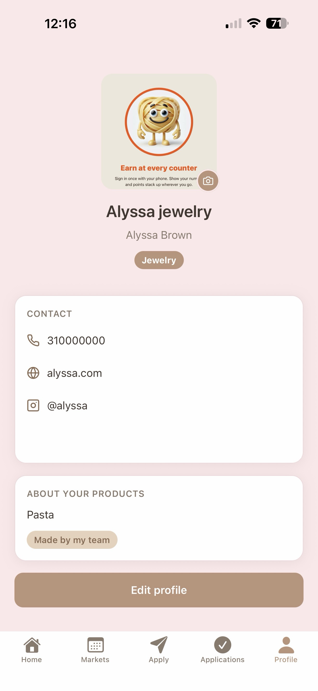 Vendor profile in the Dreamers Markets app